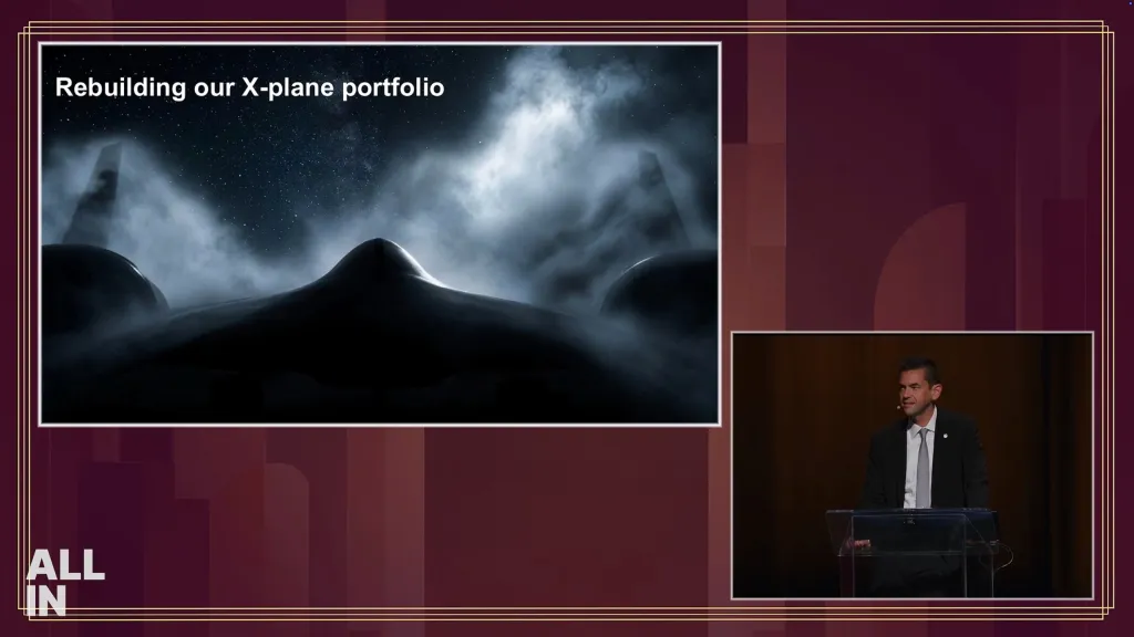 Collage of Jared Isaacman speaking at a podium and a slide showing an X-plane against a starry, cloudy sky with the text 