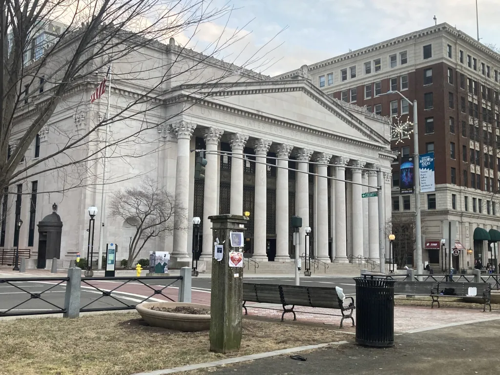 The New Haven Federal Courthouse on Church Street in New Haven, Connecticut.