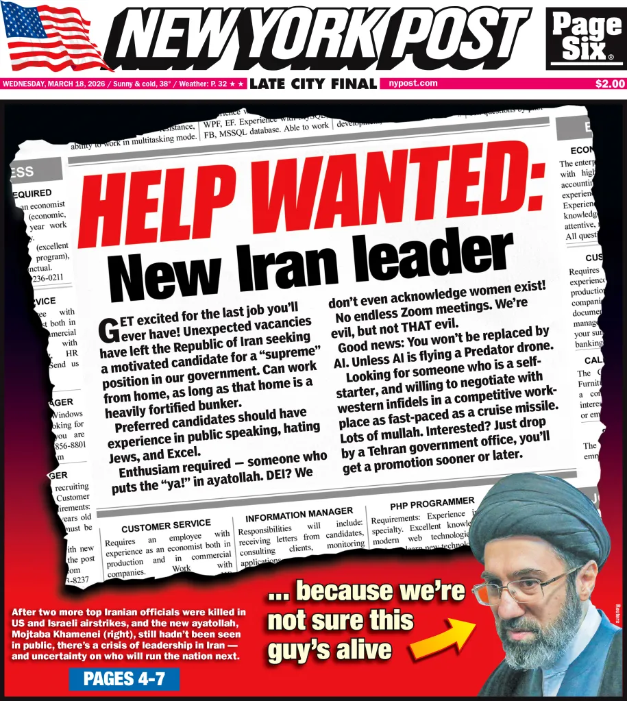 Front page of the New York Post with a large headline 