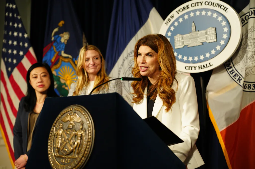 New York City Council Speaker Julie Menin delivers remarks during a City Council press conference at City Hall on Thursday, May 14, 2026.