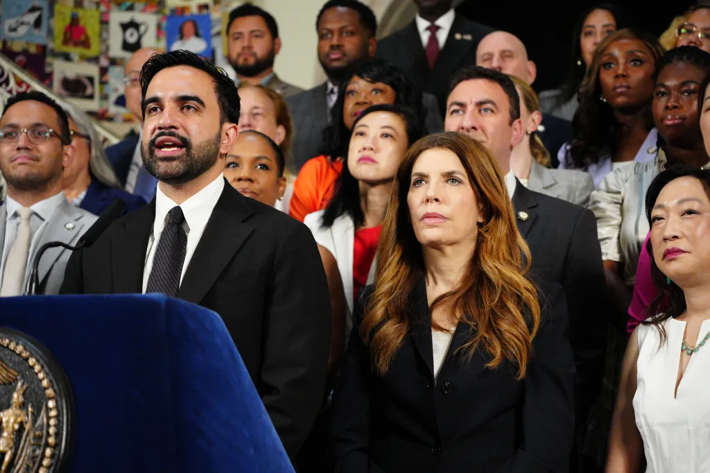 Mayor Zohran Mamdani announcing the FY 2027 budget deal with Council Speaker Julie Menin and other officials.