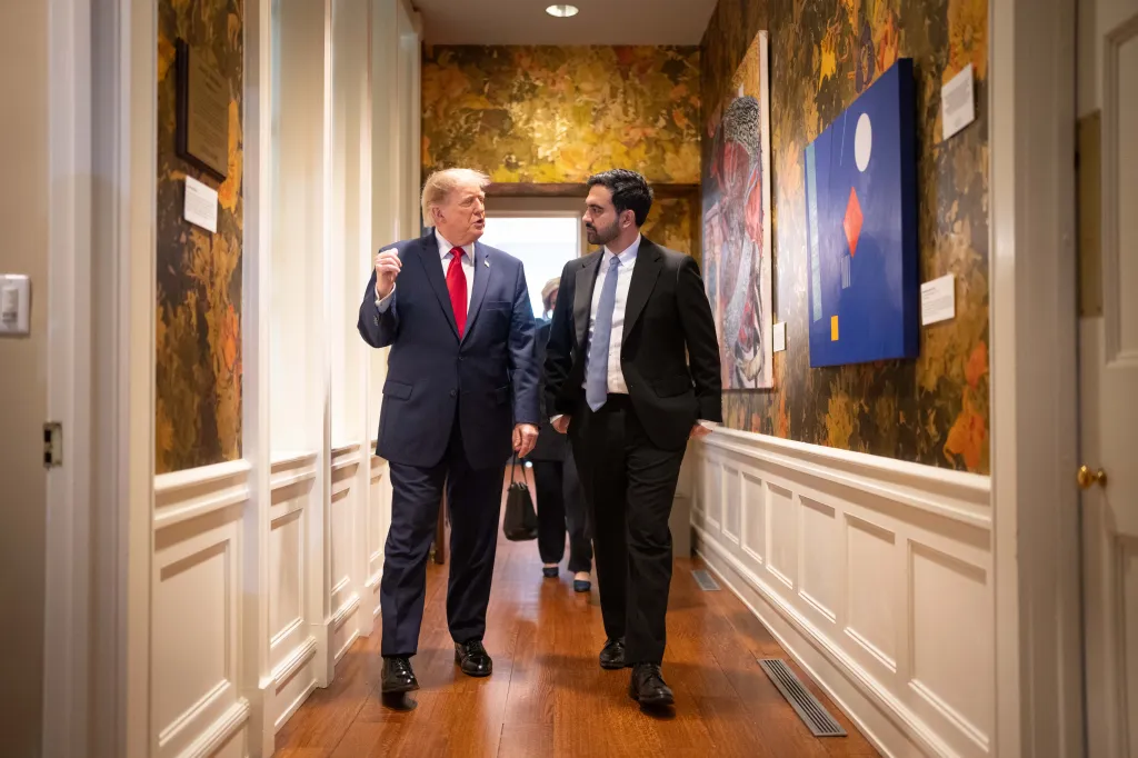 New York City Mayor Zohran Kwame Mamdani and President Donald Trump walking together in Gracie Mansion.