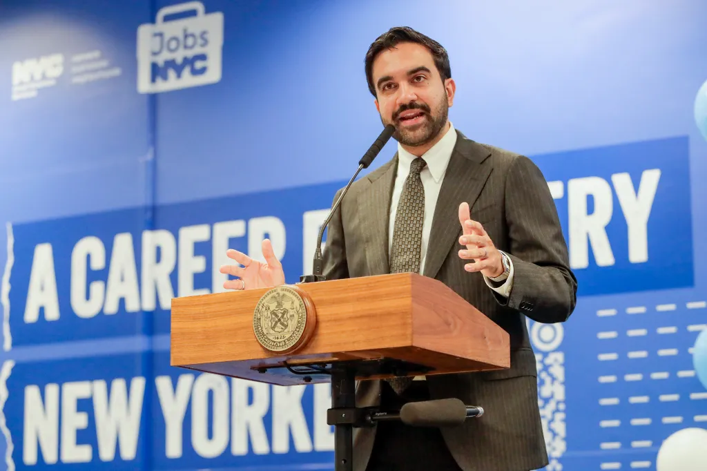Zohran Mamdani speaking at a press conference for the Jobs NYC Center.