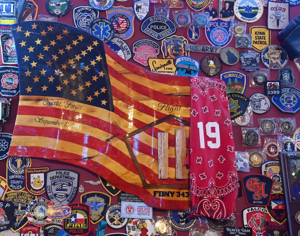 A wall display at O'Hara's, featuring an American flag with 
