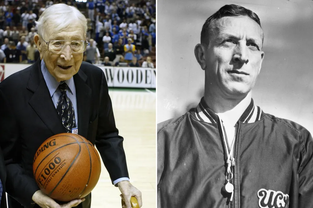 An image collage containing 2 images, Image 1 shows A man wearing glasses, a suit, and a tie holds a basketball and a cane, Image 2 shows Black and white photo of a man in a varsity jacket with a whistle hanging from the zipper