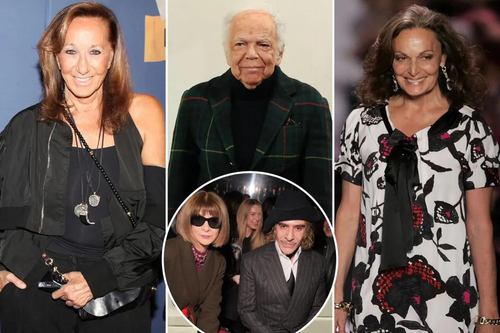 An image collage containing 4 images, Image 1 shows Donna Karan poses on a red carpet, Image 2 shows Full-body image of Ralph Lauren standing, wearing a dark green plaid blazer, a black turtleneck, black pants, and black sneakers, Image 3 shows Diane von Fürstenberg wearing a black, white, and fuchsia floral dress with a black ribbon, Image 4 shows Anna Wintour and John Galliano seated at a fashion event