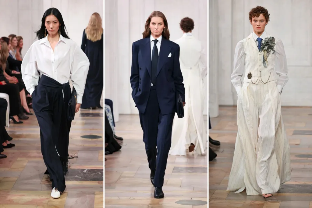 An image collage containing 3 images, Image 1 shows A model walks the runway in a white oversized collared shirt and navy wide-leg trousers, with a matching navy scarf and clutch, Image 2 shows A model walks the runway at New York Fashion Week in a navy double-breasted suit, white shirt, and navy tie, Image 3 shows A model walks the runway in a Ralph Lauren Spring 2027 collection pinstripe ensemble featuring a vest, wide-leg trousers, and a blue tie