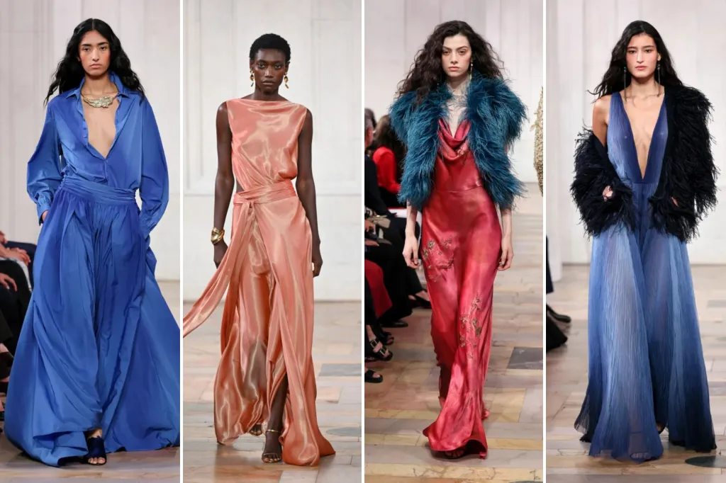 An image collage containing 4 images, Image 1 shows A model in a flowing blue shirt and skirt on the Ralph Lauren runway at New York Fashion Week, Image 2 shows A model walks the runway in a flowing peach satin dress with a cinched waist and gold jewelry during the Ralph Lauren Spring 2027 Collection show, Image 3 shows A model in a red silk dress with a teal feathered shawl walks the runway, Image 4 shows A model walks a runway wearing a sheer, pleated blue dress with a plunging neckline, paired with a black feathered jacket