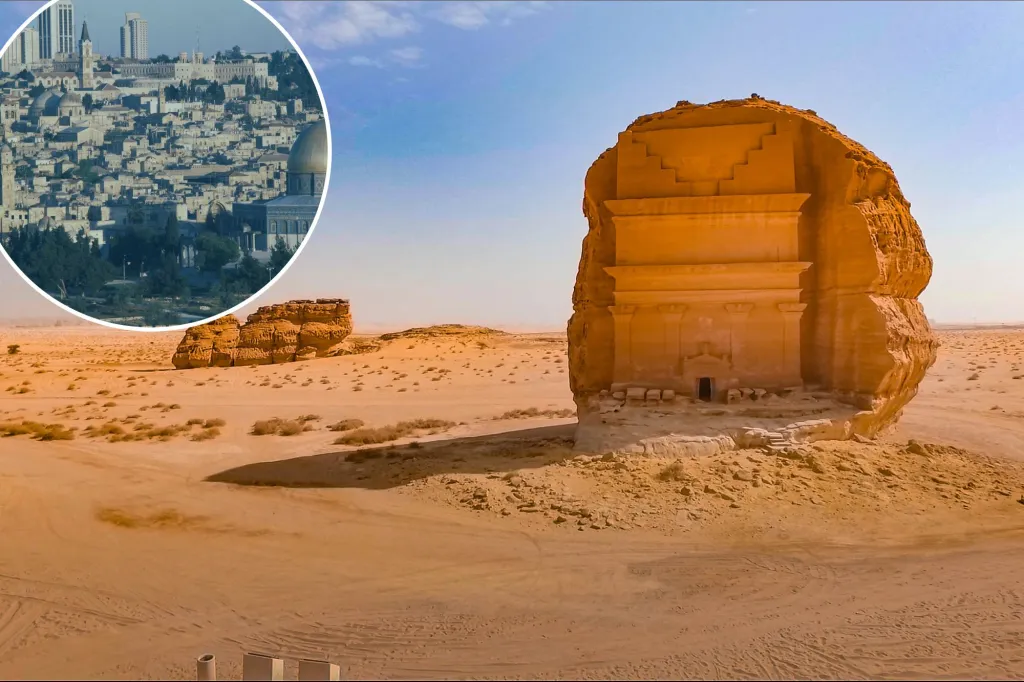 An image collage containing 2 images, Image 1 shows Ancient rock-carved tomb in the desert at AlUla, Mada'in Saleh, Saudi Arabia, Image 2 shows A panoramic view of Jerusalem with the Dome of the Rock in the foreground