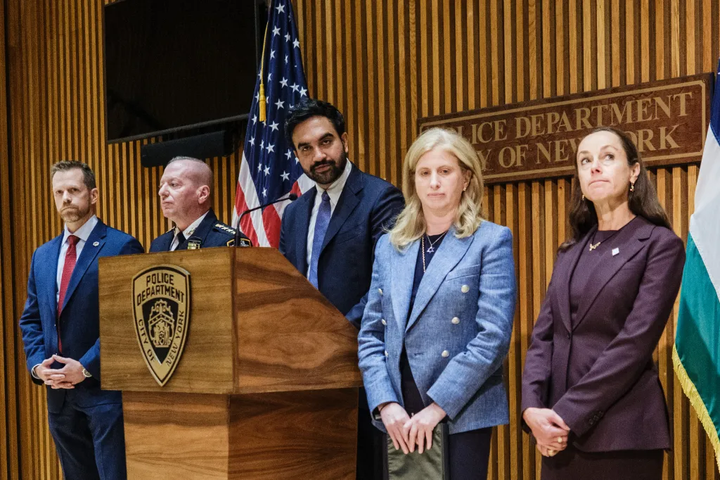 Press conference with NYC Mayor Zohran Mamdani and NYPD Commissioner Jessica Tisch, along with other security officials.