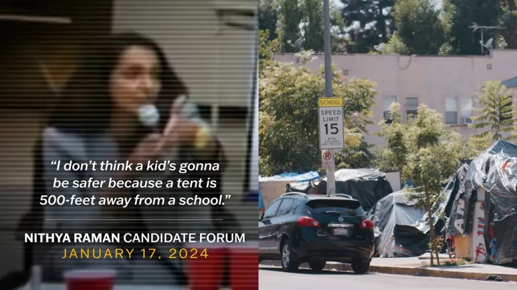 Collage of an blurred image of Nithya Raman speaking at a forum and a street scene with homeless encampments near a school speed limit sign.