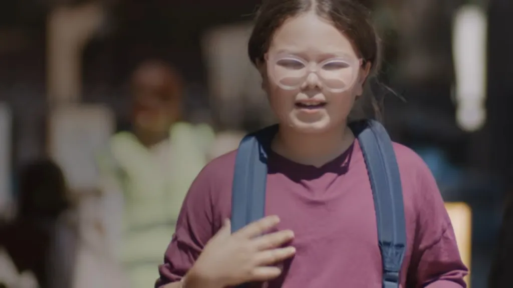 A young girl with glasses and a backpack expressing concern.