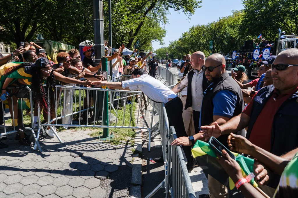 NYC Mayor Zohran Mamdani shakes hands with the crowd during the West Indian Day Parade along Eastern Parkway in Crown Heights, Brooklyn, on Monday, Sept. 7, 2026.