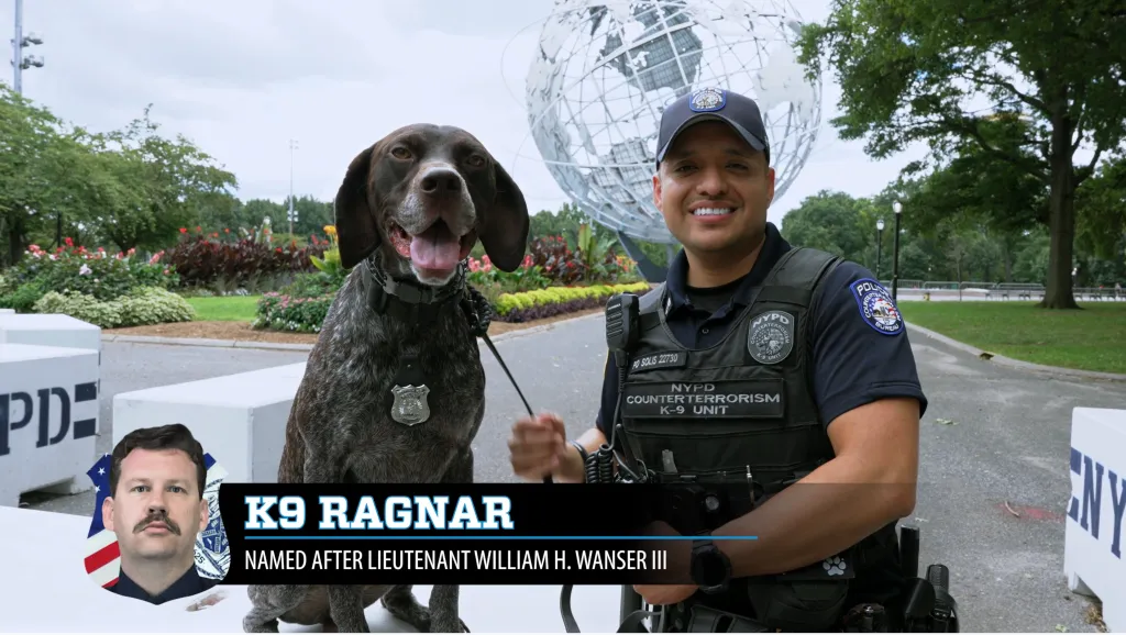 NYPD officer and K-9 Ragnar, named after Lieutenant William H. Wanser III.