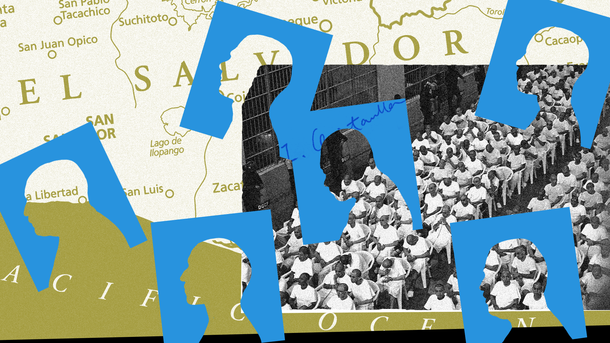 A map of El Salvador overlaid with photos of a crowd of men with shaved heads and white shirts seated in rows of white chairs