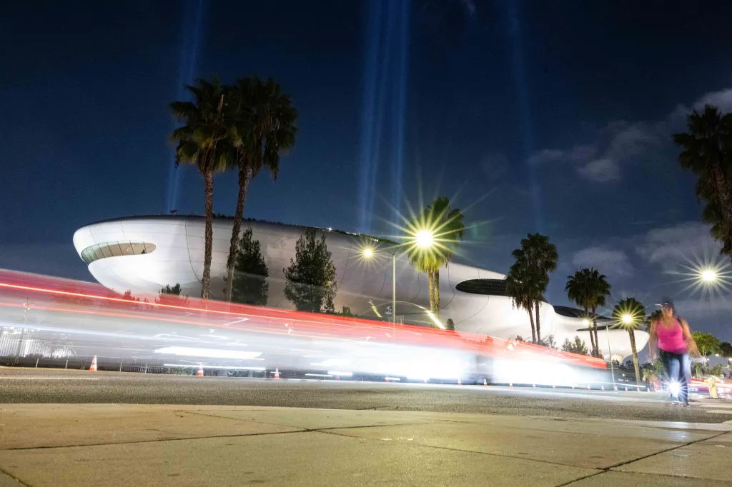 Exterior of the George Lucas Museum on opening night in downtown Los Angeles.