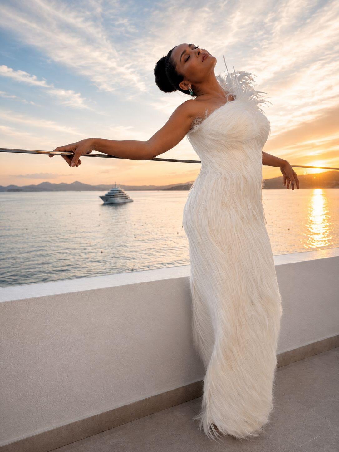 Salma Hayek in a white feathered gown leans against a railing on a balcony overlooking the sea at sunset.