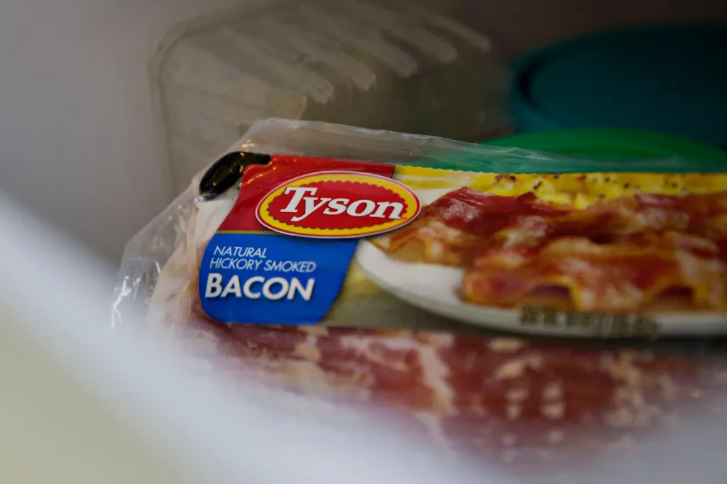A package of Tyson Foods Inc. Natural Hickory Smoked Bacon.