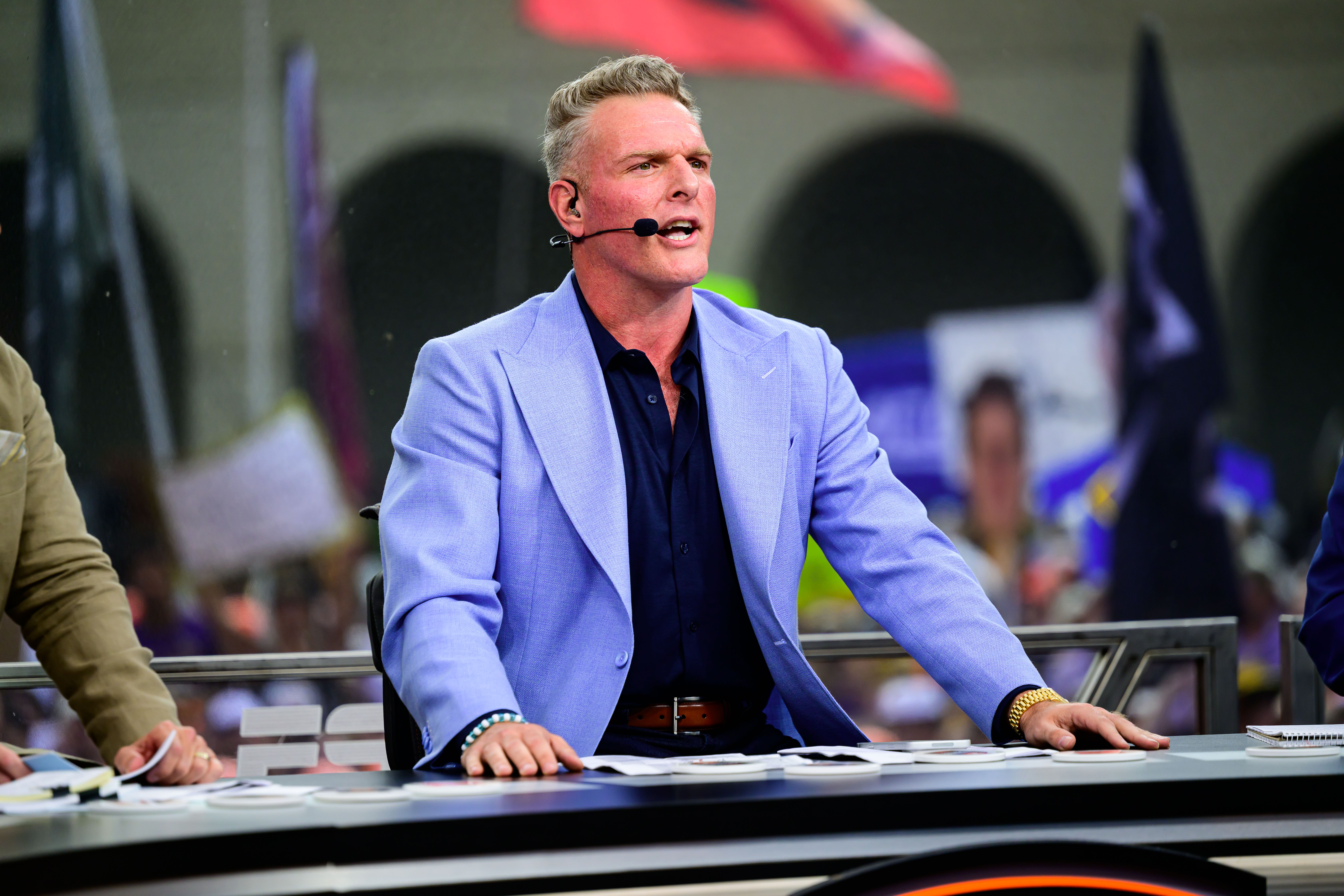 Pat McAfee broadcasting at ESPN's College Gameday in Baton Rouge.