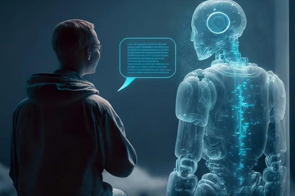 Illustration of a person conversing with a robotic AI, depicted by a transparent blue figure with internal circuitry and a text bubble.