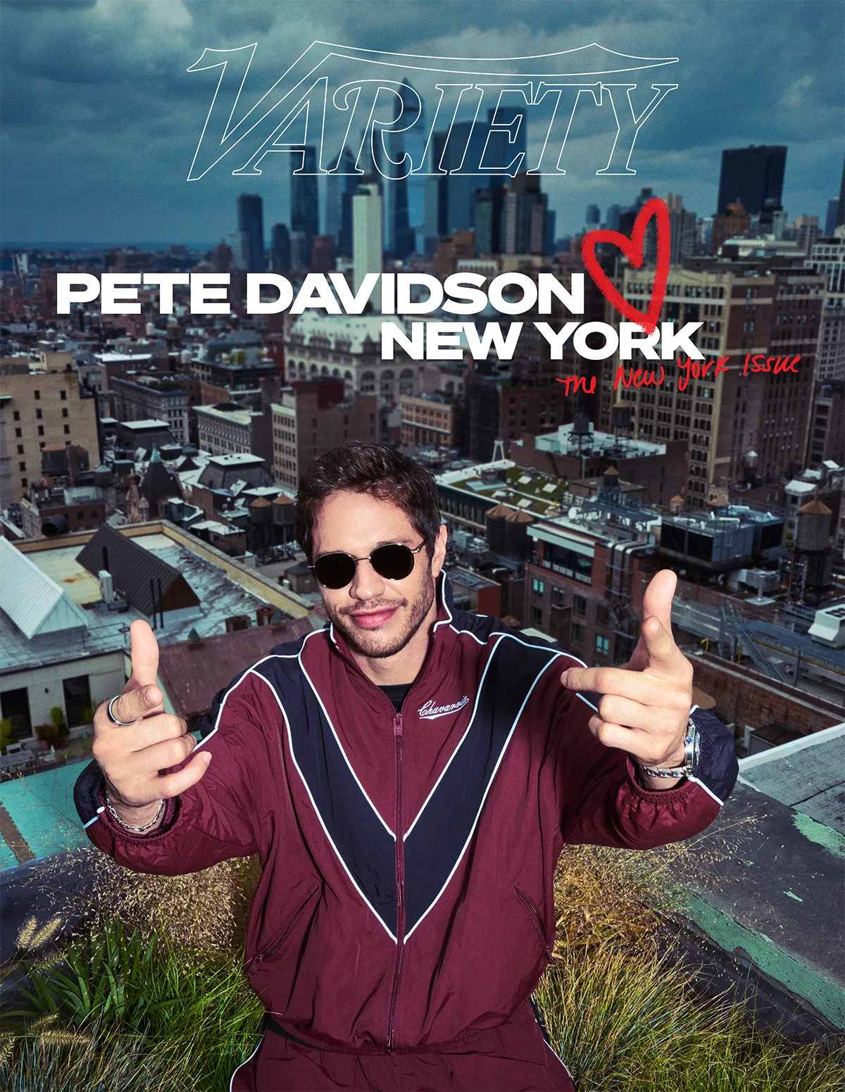 Pete Davidson on the cover of Variety magazine, posing on a New York rooftop with a skyline background.