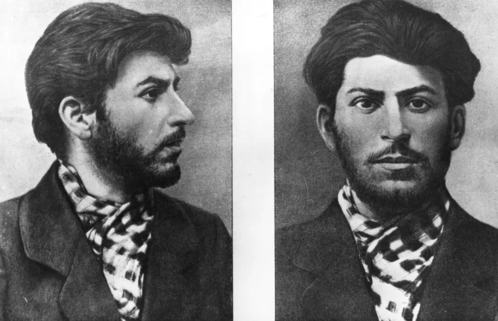 Police file mugshots of young Joseph Stalin, front and profile, with dark hair, beard, and checkered scarf.