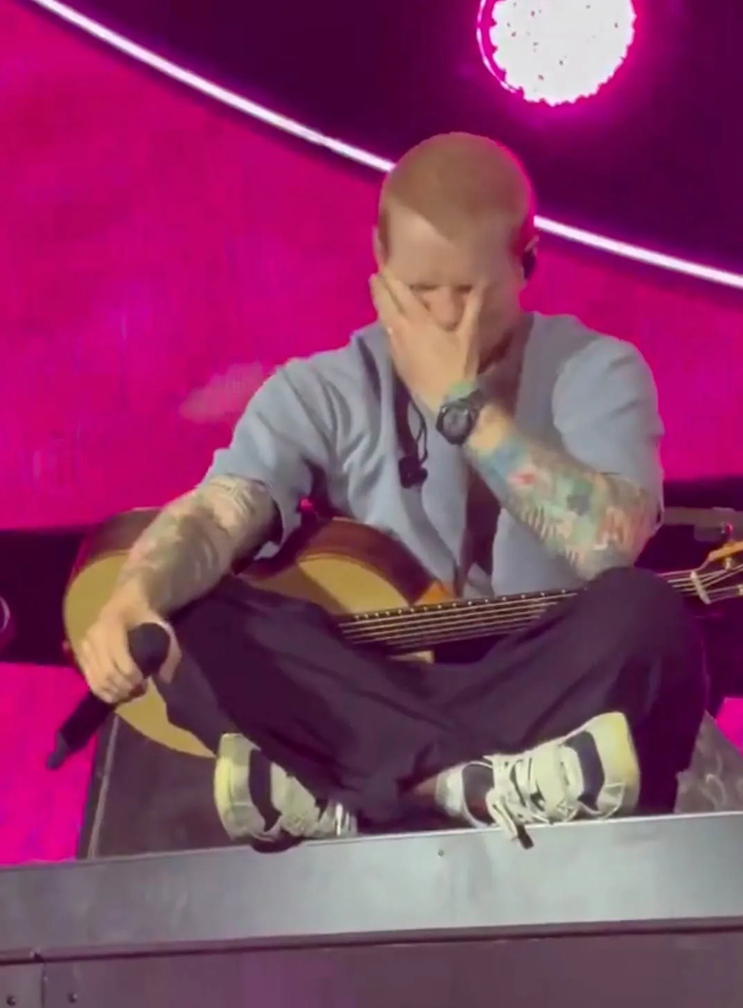 Ed Sheeran crying at a concert in Philadelphia.