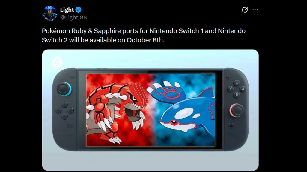 Pokémon Ruby and Sapphire Switch 2 Release Date Leak