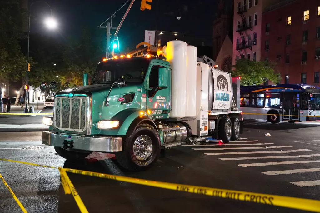 A Badger Transportation truck at the scene of a crash on First Avenue in New York.