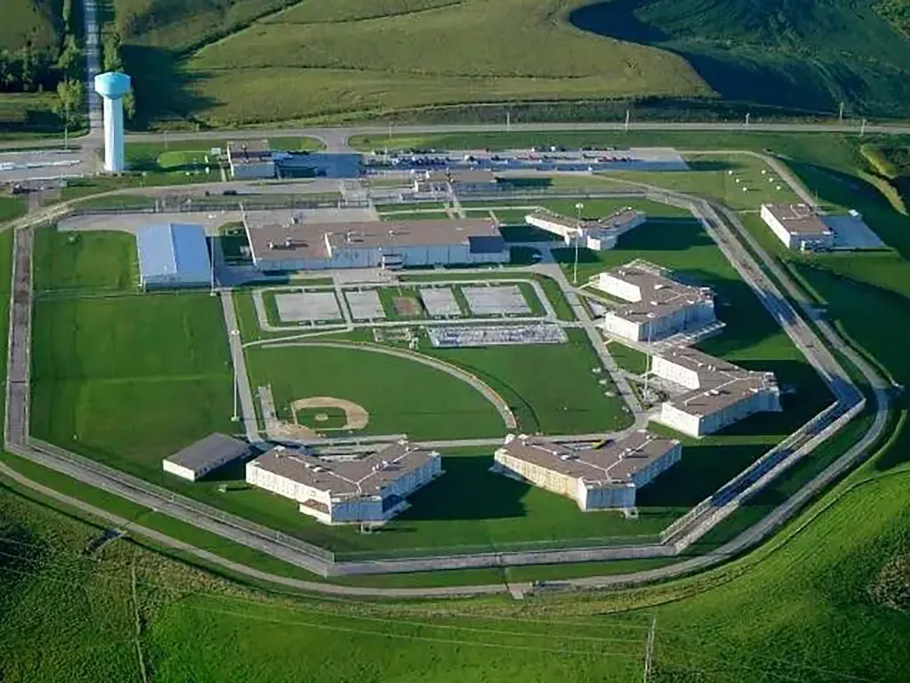 Aerial view of the Newton Correctional Facility, showing several buildings, a baseball field, and a water tower surrounded by green fields.