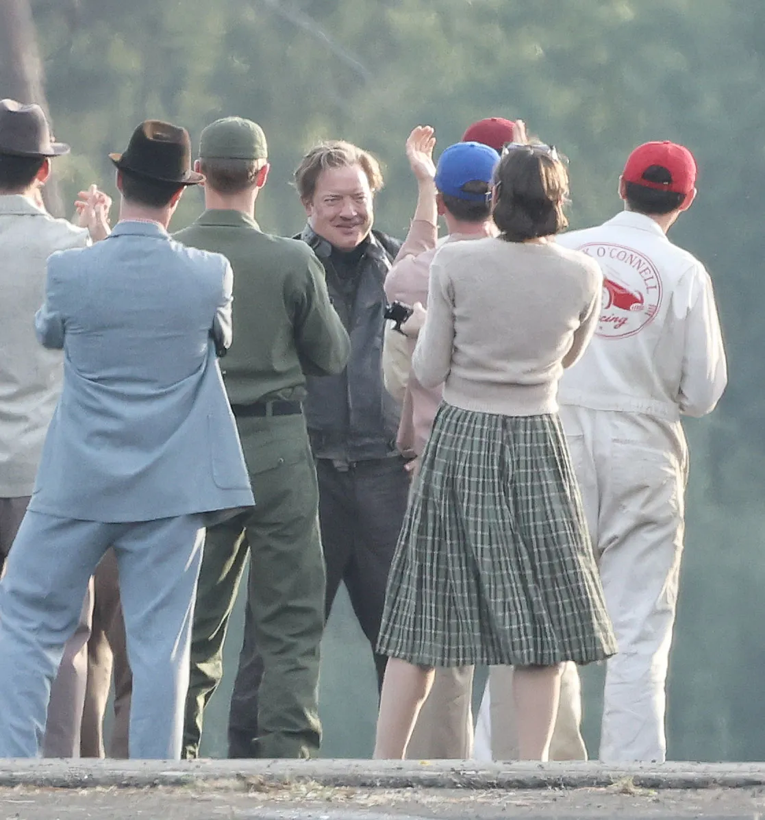 Brendan Fraser on the set of The Mummy with other cast members.