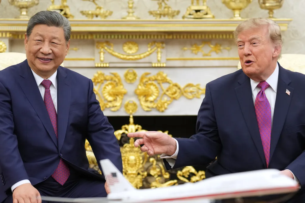 President Donald Trump and China's President Xi Jinping meet in the Oval Office.