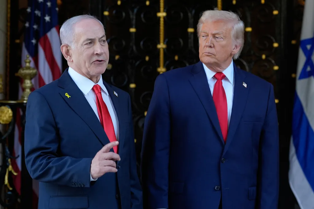 President Donald Trump listens as Israel's Prime Minister Benjamin Netanyahu speaks at Mar-a-Lago.