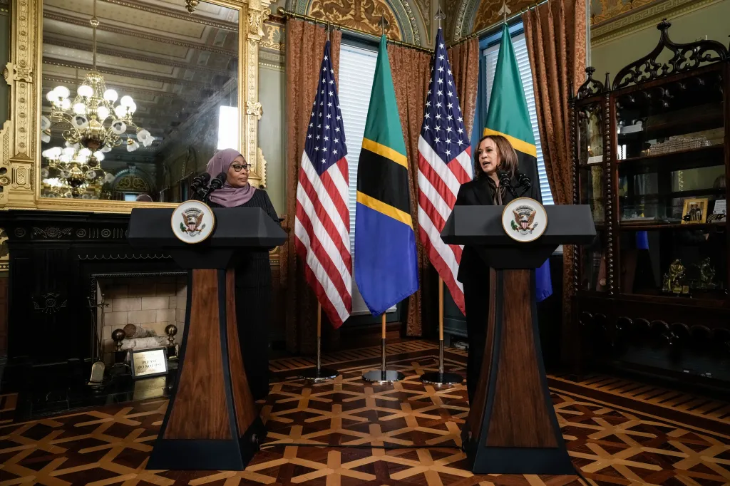 President Samia Suluhu Hassan of Tanzania and Vice President Kamala Harris deliver remarks at press event.