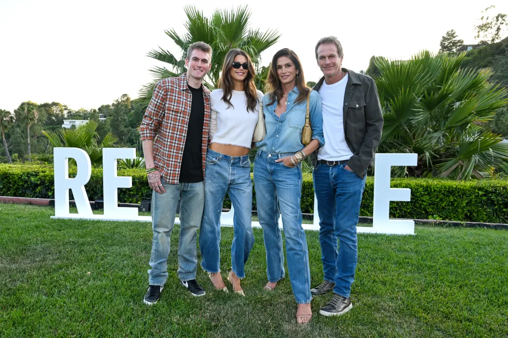 Presley Gerber, Kaia Gerber, Cindy Crawford and Rande Gerber pose together at the RE/DONE x Kaia Gerber 'Short/Cuts' Launch Event.