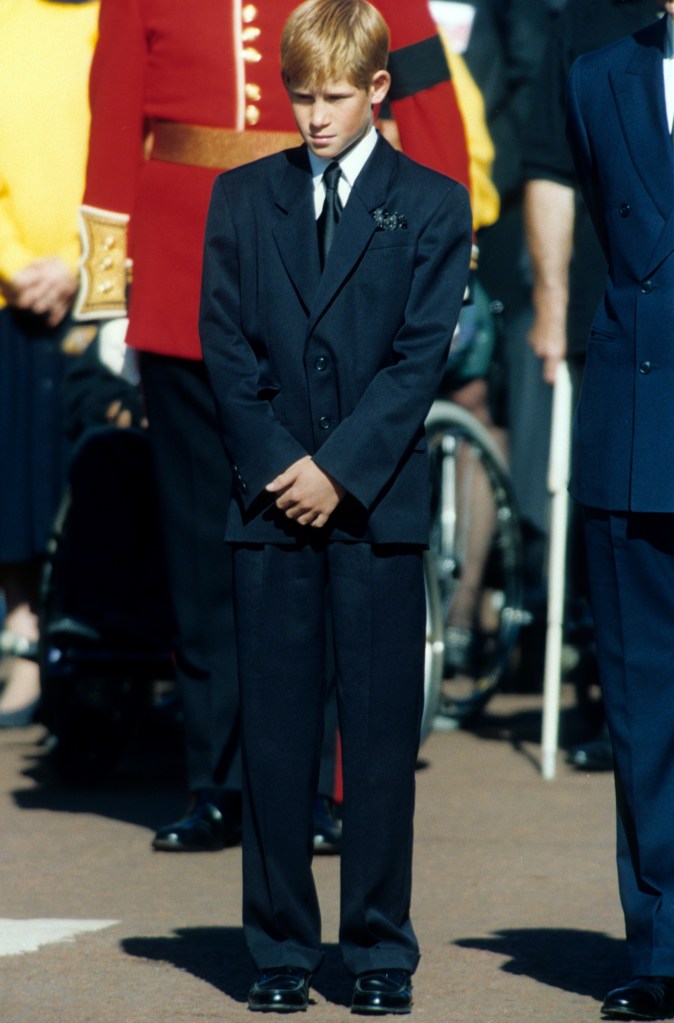 Prince Harry attending the funeral of Diana, Princess of Wales.
