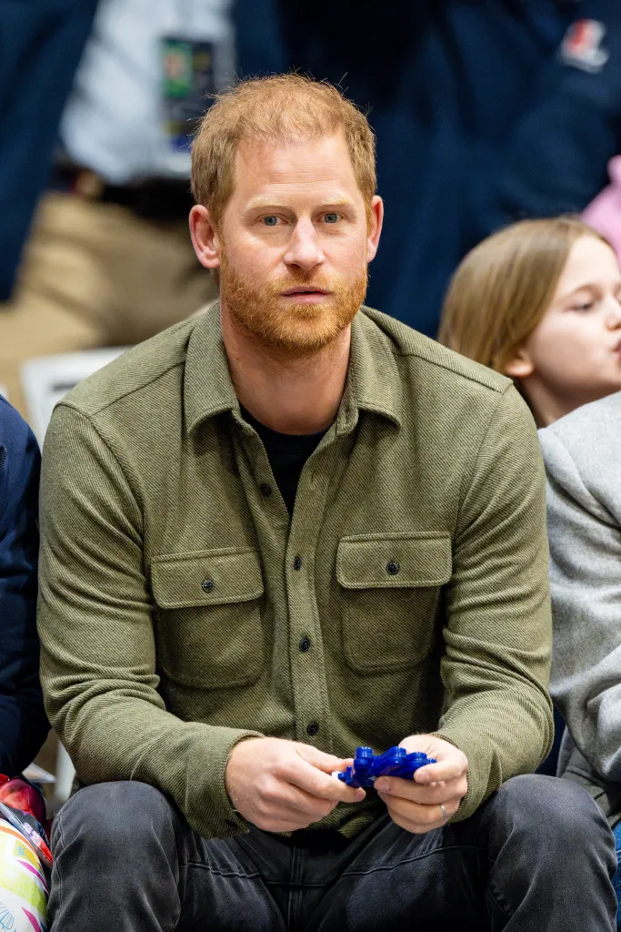 Prince Harry with a ginger beard, wearing a green button-down shirt, holding a blue toy.