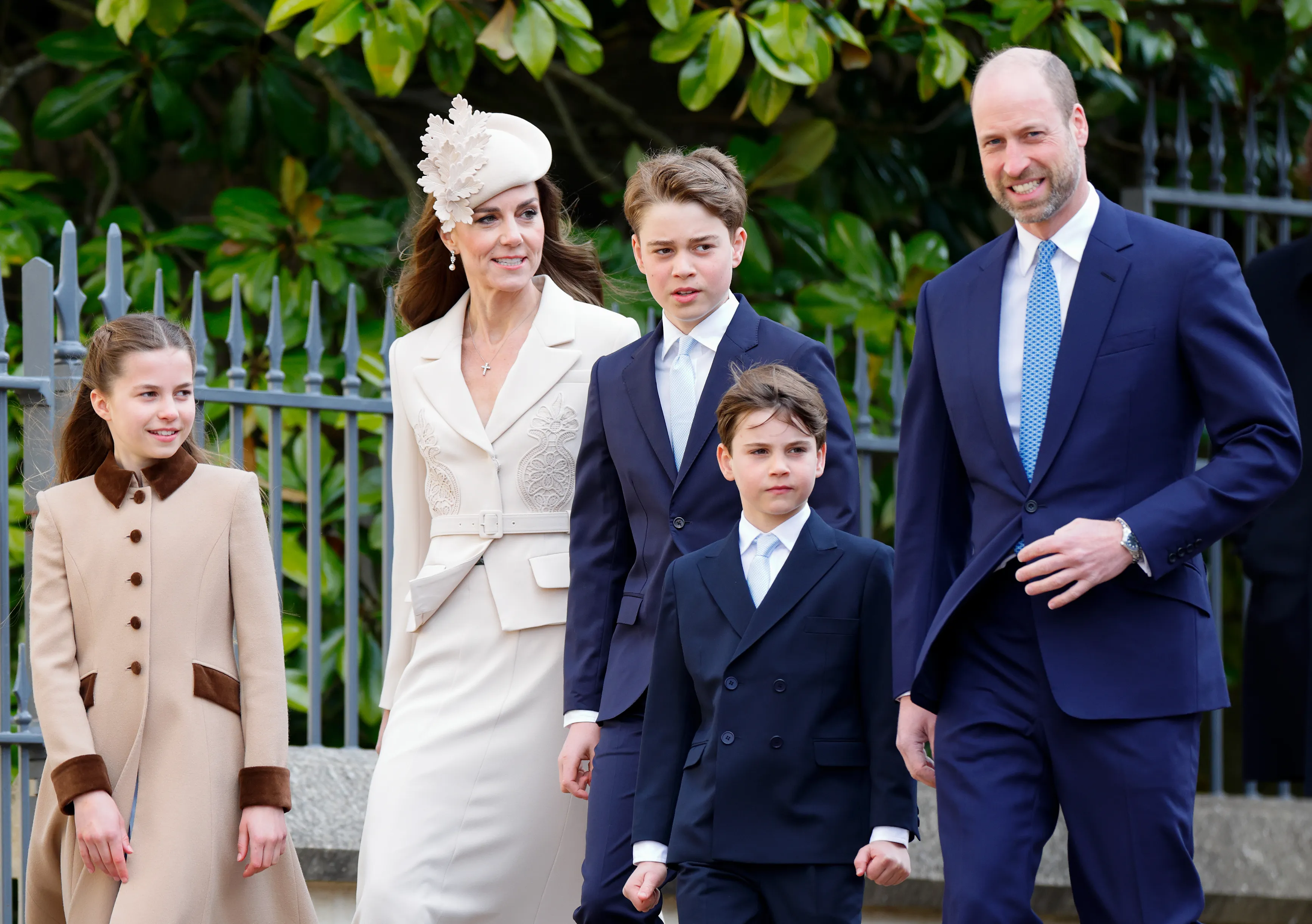 Prince William, Catherine, Princess of Wales, and their children Prince George, Princess Charlotte, and Prince Louis attend the Easter Sunday Mattins Service at St George's Chapel.