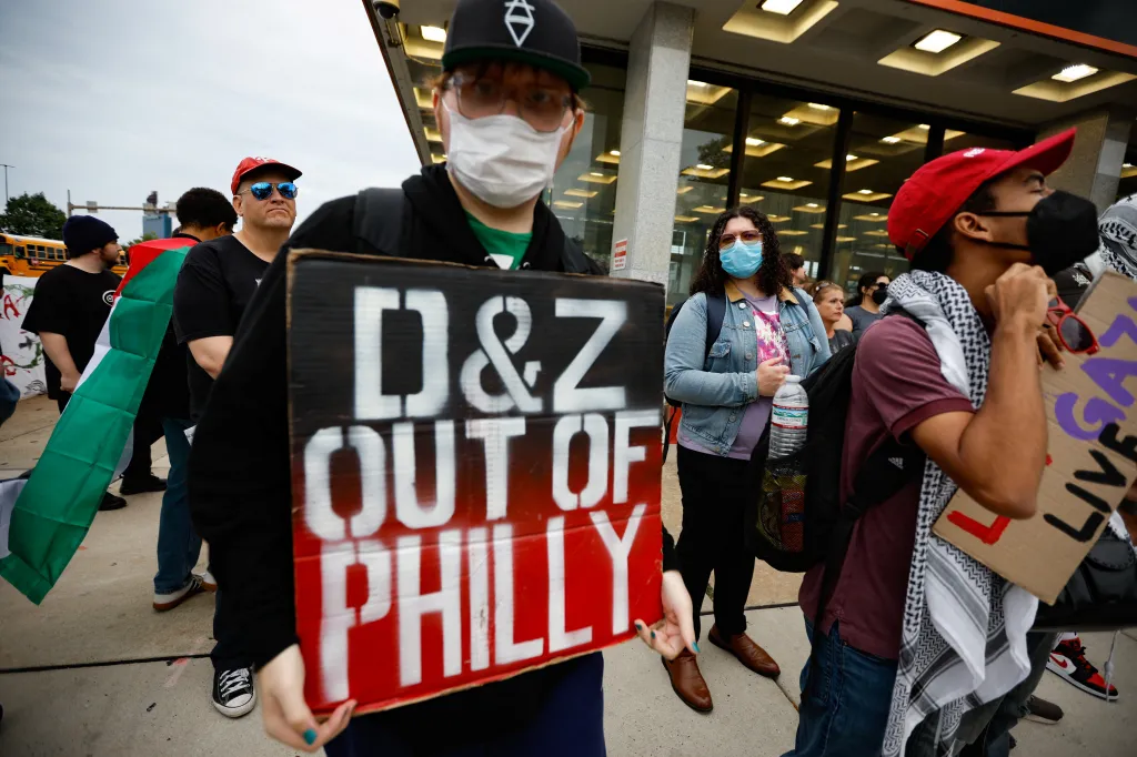 Pro-Palestinian protesters demonstrate outside Ed Sheeran's concert venue in Philadelphia.