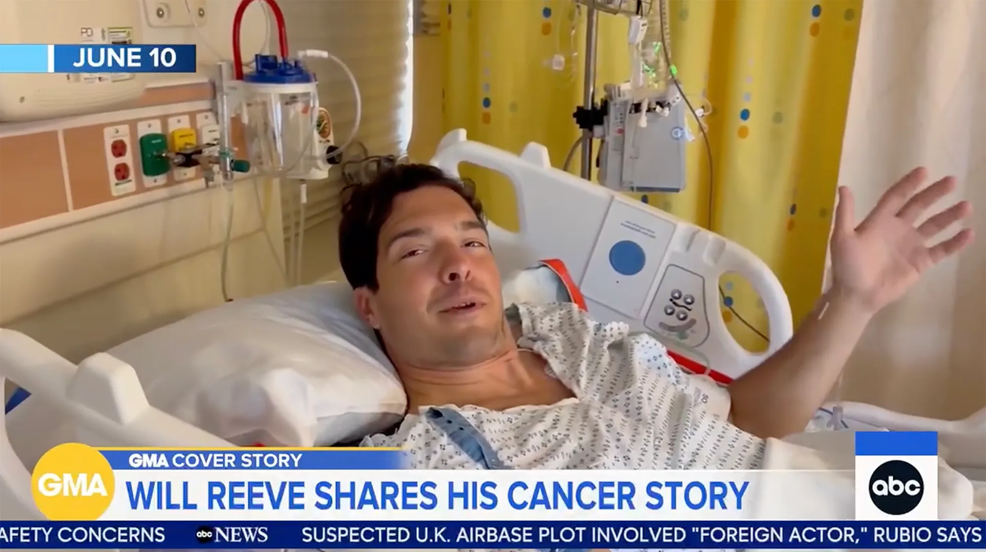 Will Reeve in a hospital bed sharing his cancer story.