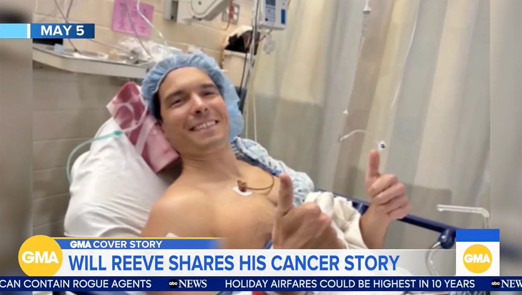 Will Reeve smiling and giving a thumbs up from a hospital bed.