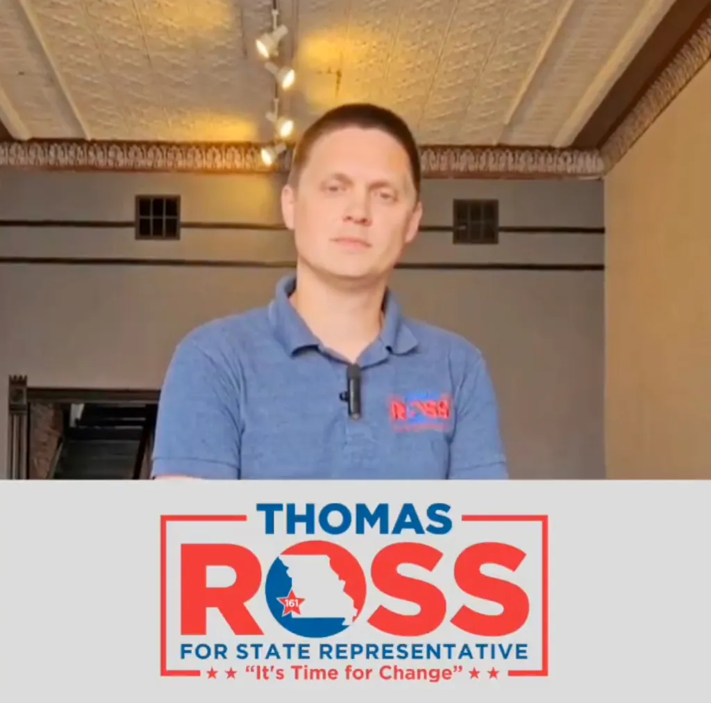 Republican Missouri candidate Thomas Ross in a blue polo shirt with his campaign logo below.