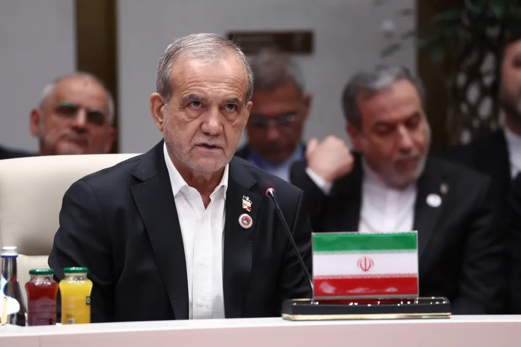 Iranian President Masoud Pezeshkian speaking at the Shanghai Cooperation Organization (SCO) Council of Heads of State Meeting.
