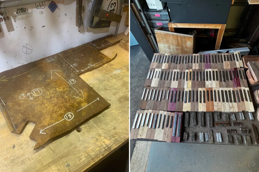An image collage containing 2 images, Image 1 shows A rusty piece of metal, recovered from the 9/11 site, with chalk drawings and numbers marking cuts, on a wooden workbench, Image 2 shows Retired FDNY 9/11 first responder John Ricketts builds models of the twin towers with recovered metal from the site on Thursday, November 30, 2023. Ricketts shares the models with friends for the Donlevy 9-11 story