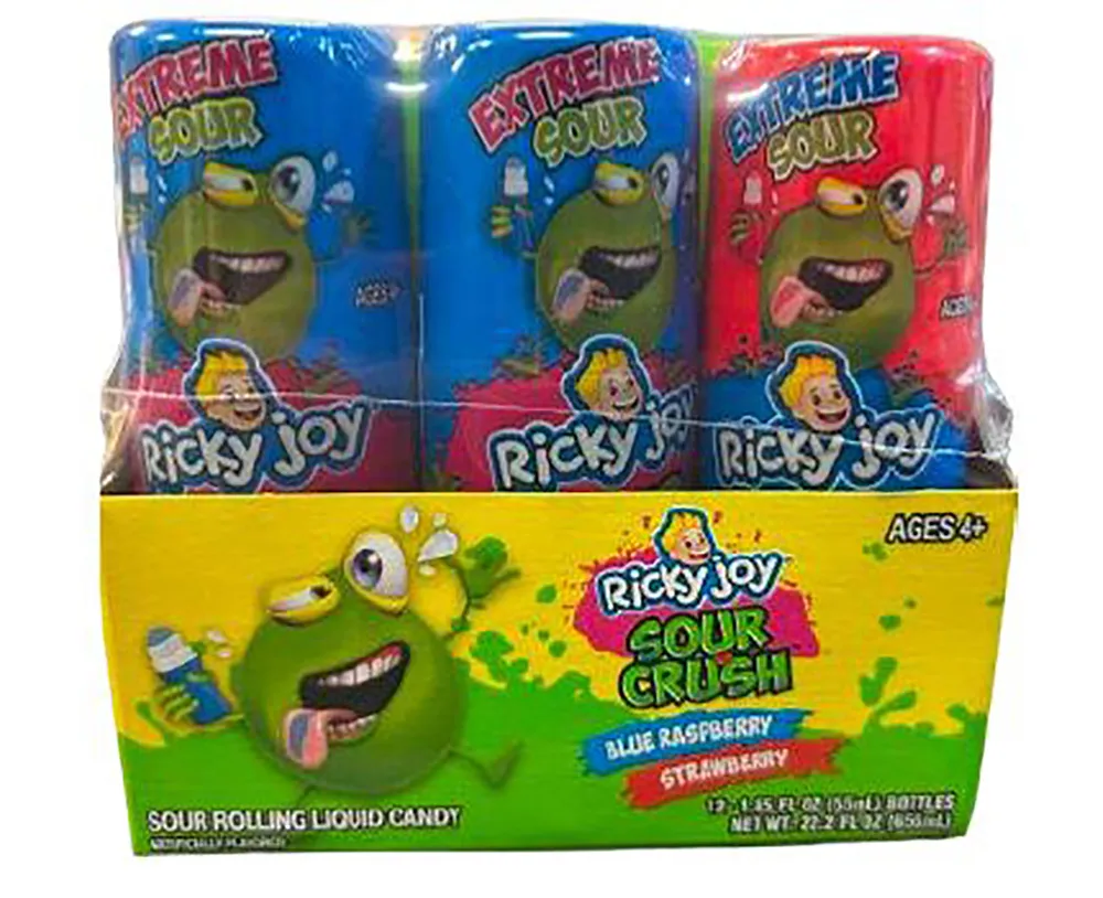A packaged set of Ricky Joy Sour Crush Candy Bottles in blue and red.
