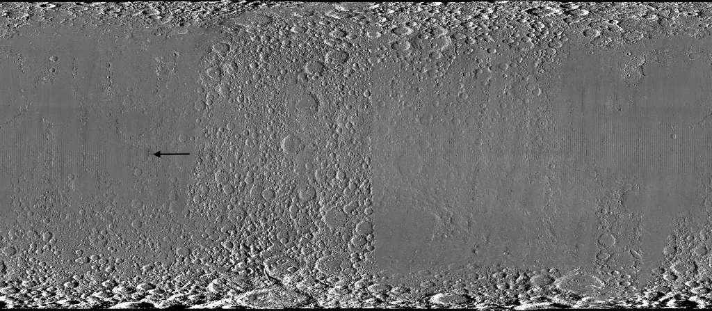 Global view of the Moon from NASA's Lunar Reconnaissance Orbiter with an arrow pointing to the McGetchin crater.