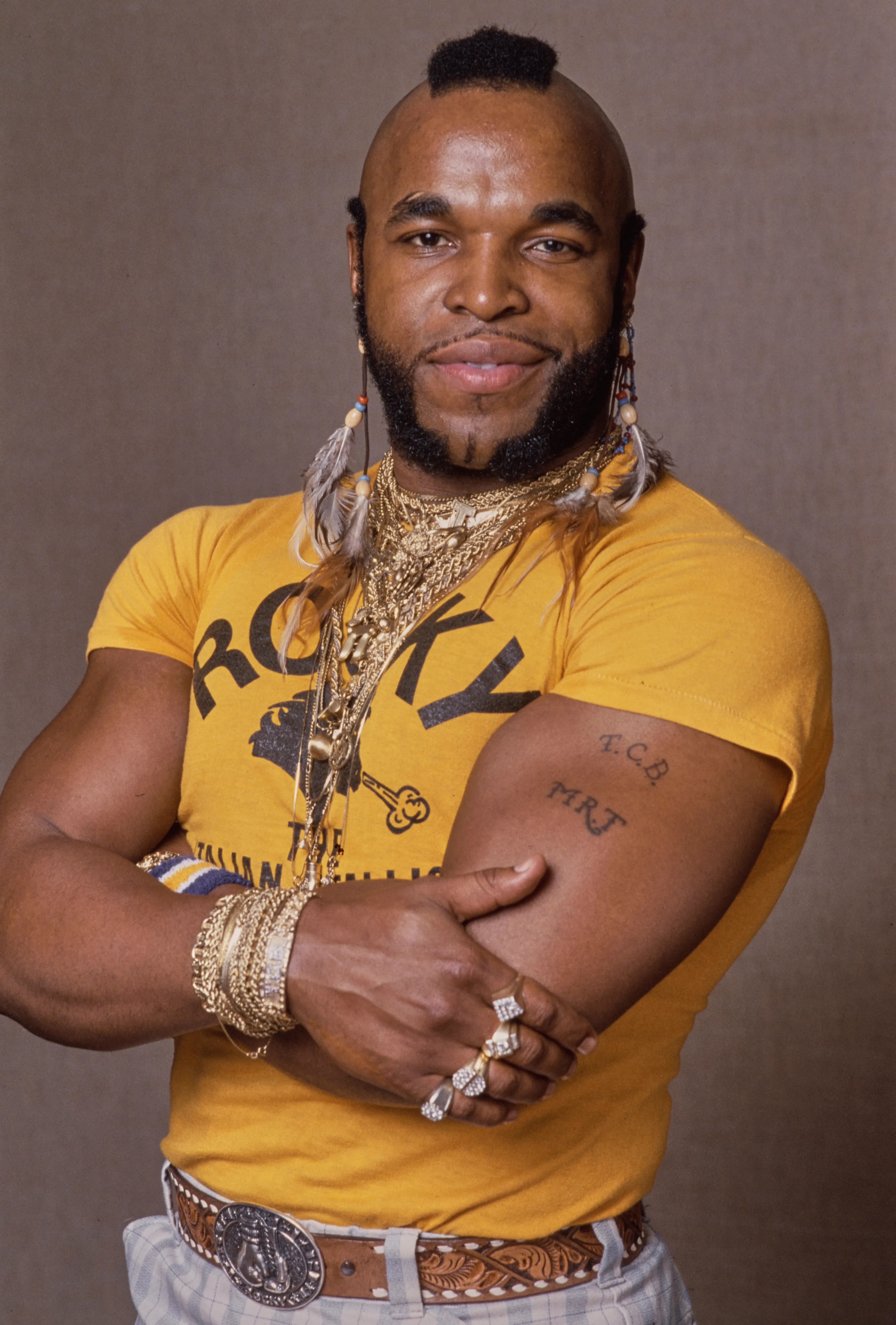 American actor Mr. T in a yellow t-shirt that reads 