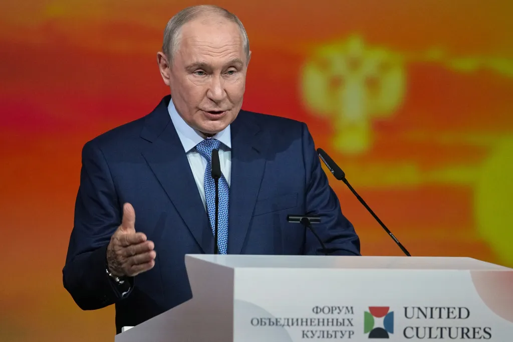 Russian President Vladimir Putin speaks at an international culture forum in St. Petersburg, Russia.