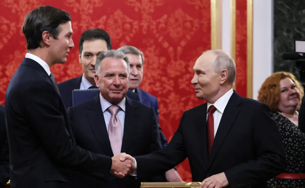 Russian President Vladimir Putin welcomes Jared Kushner, and US special envoy Steve Witkoff before a meeting at the Kremlin on September 5, 2026.