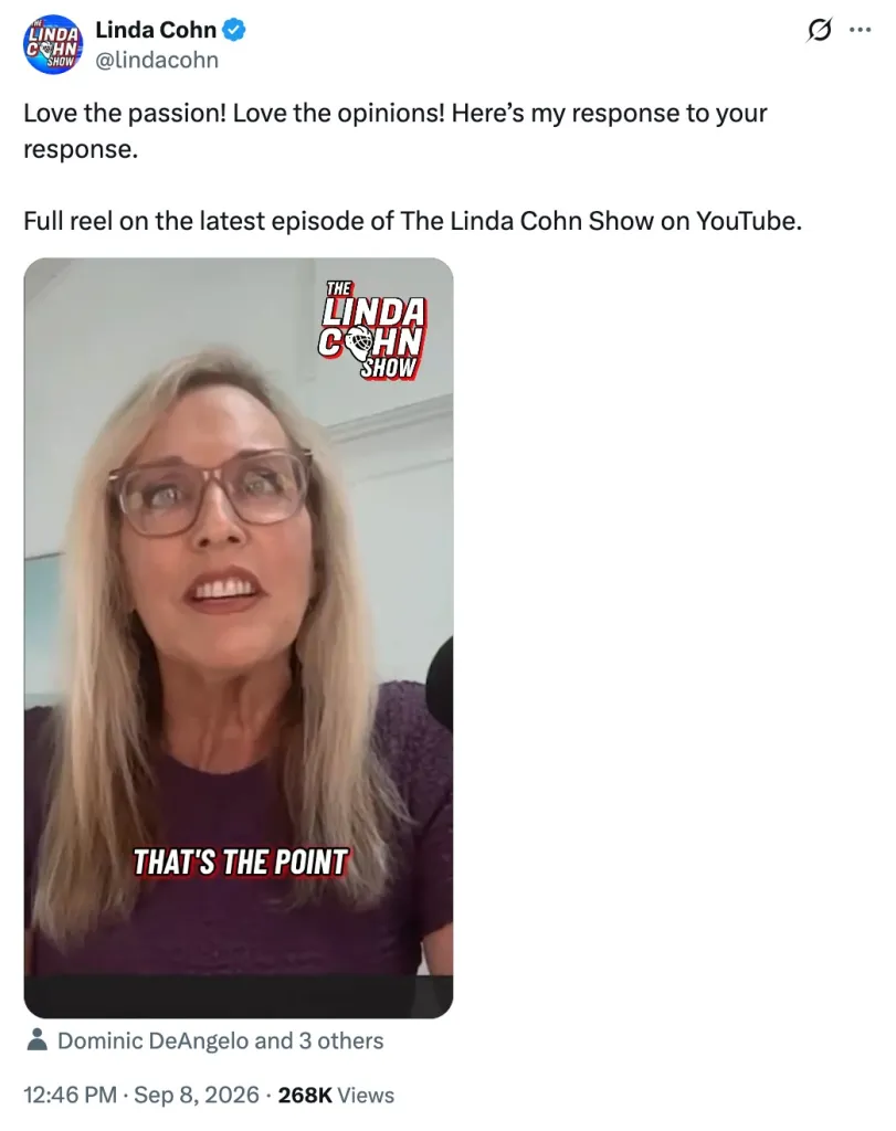 Screenshot of a social media post by Linda Cohn promoting a reel on The Linda Cohn Show, featuring a video frame of Linda Cohn speaking.